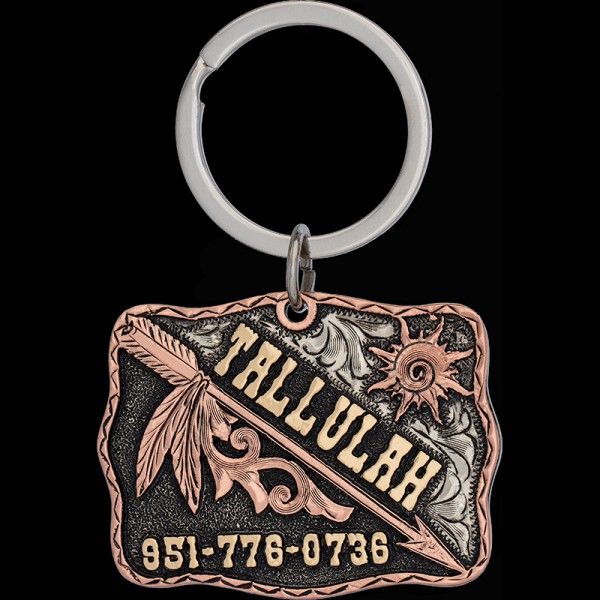 TALLULAH, German silver Base 2" x 1.5" with Jewelers Bronze Letters and beautiful Copper Scrollwork with Handengraved Sun and Arrow.